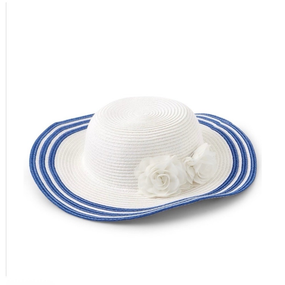 Gymboree Girls Straw Sun Hat White Blue Stripe Floral Bow Coastal 6-8